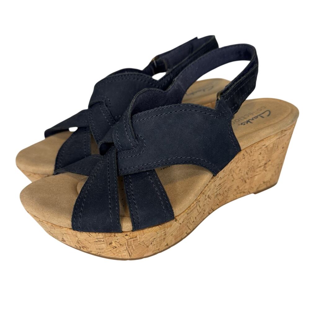 Clarks Rose Erin Wedge Sandals Women Size 7M Navy Nubuck Leather Cork Heel